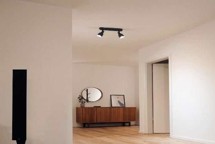 Bright living space with new wide-plank wood flooring